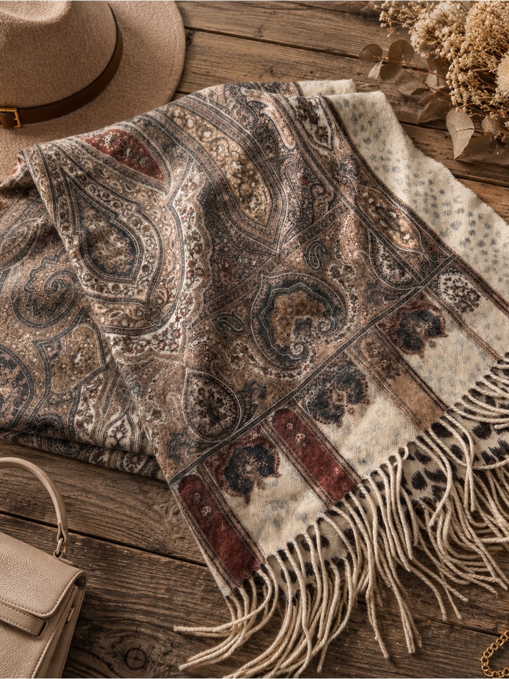 Vintage La Fiorentina 100% Wool Paisley Leopard Fringe Scarf Wrap Shawl